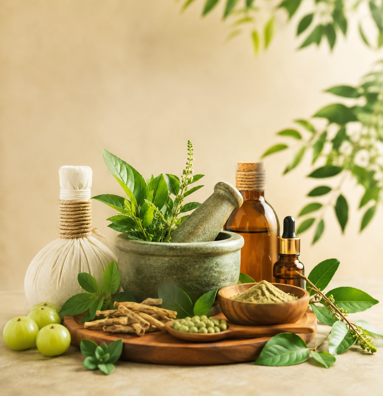 Marunnu Ayurvedic herbal wellness ingredients with traditional herbs and mortar